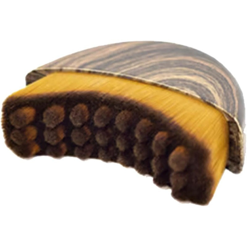 Curved wooden facial massage brush head with dark brown ridged bristles