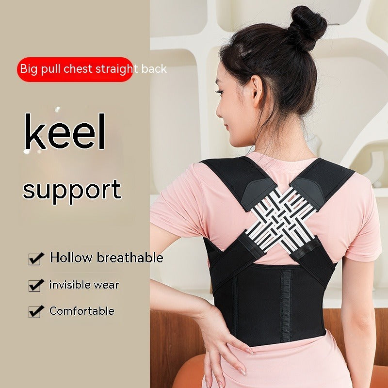 Unisex posture corrector worn on model: pink shirt with black back brace