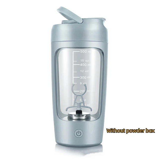 Light blue electric portable protein shaker bottle with clear measurement window