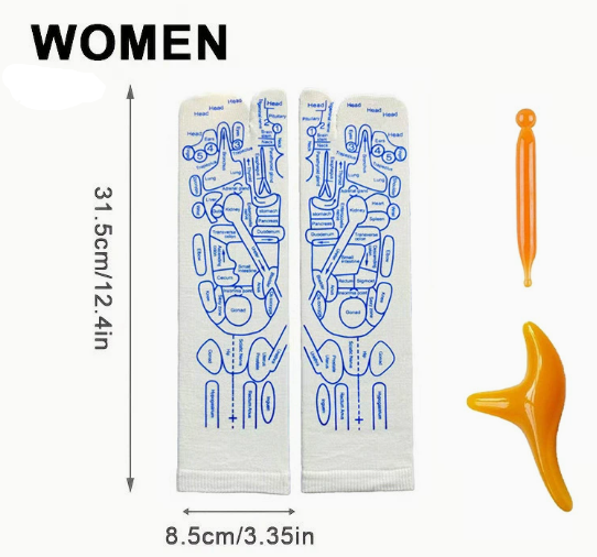Women reflexology socks with blue foot diagram, plus orange roller and fork tools