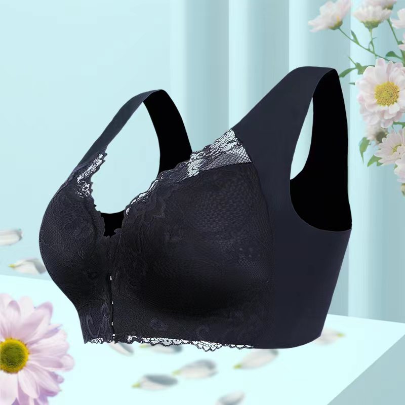 Black lace wireless bra with full-coverage cups and scalloped lace trim