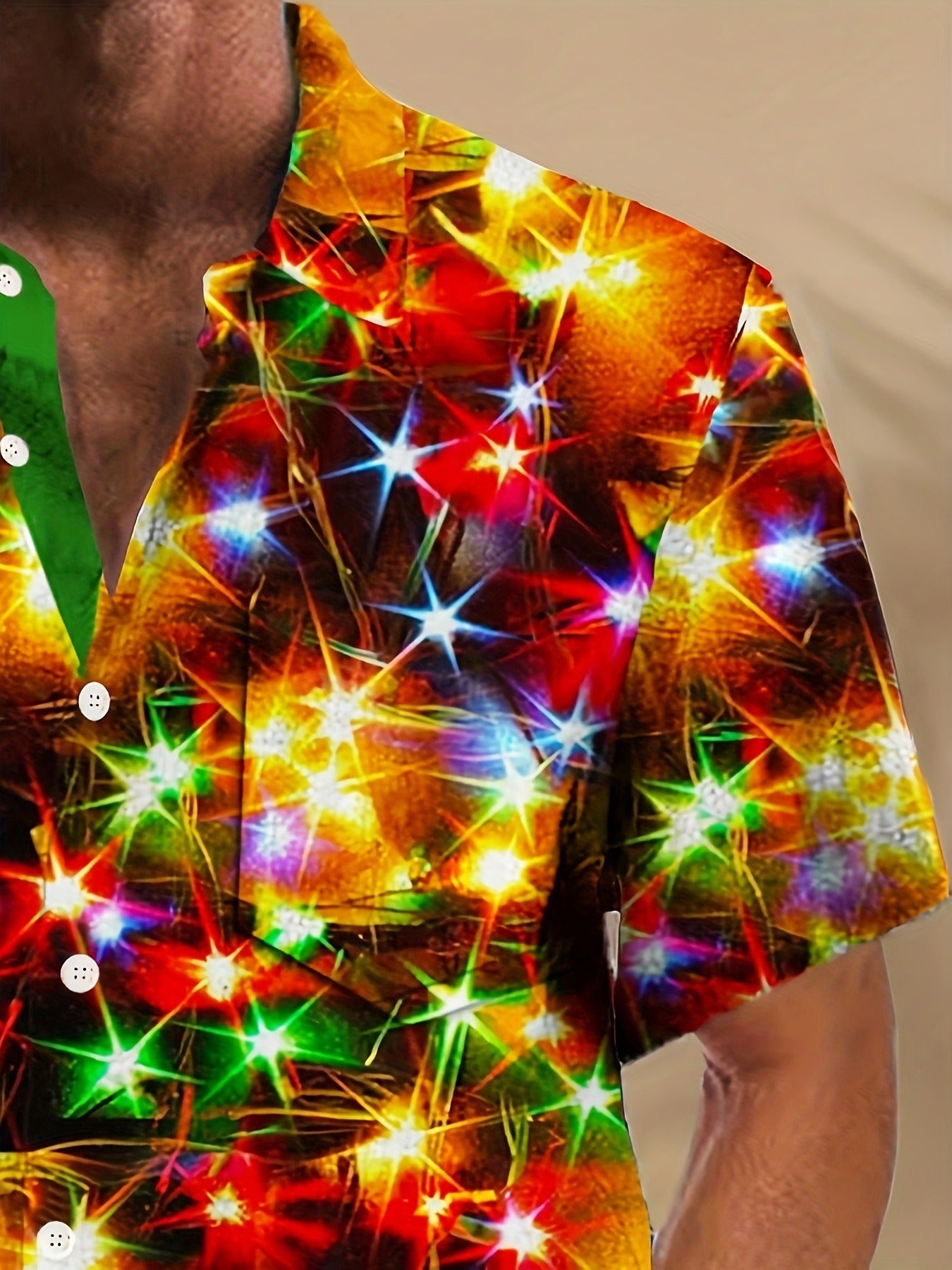 Men's short-sleeve button-up shirt close-up, bright multicolor starburst 3D print