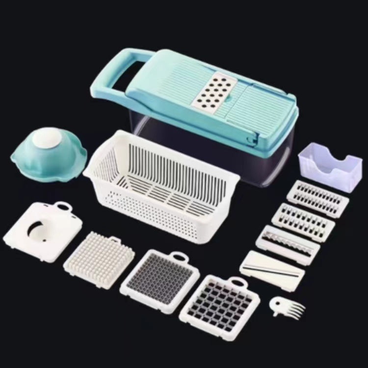 Vegetable chopper and dicer kit with light blue slicer, white cutting plates, and tools