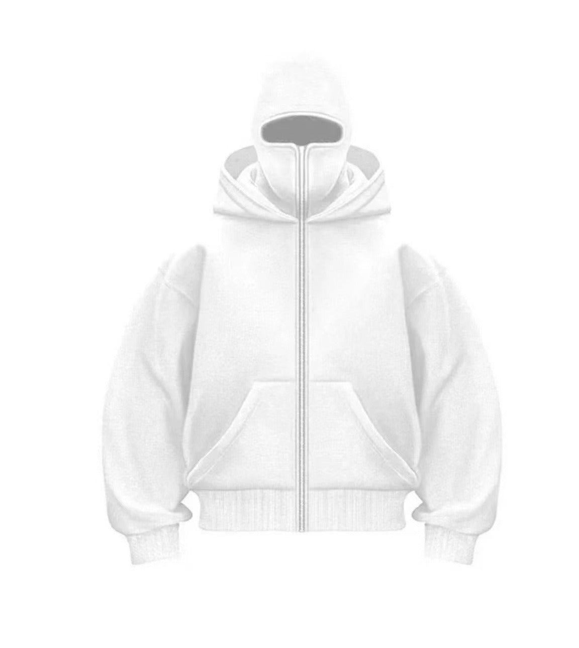 White hooded zip-up jacket with front zipper, drawstring hood, and ribbed cuffs
