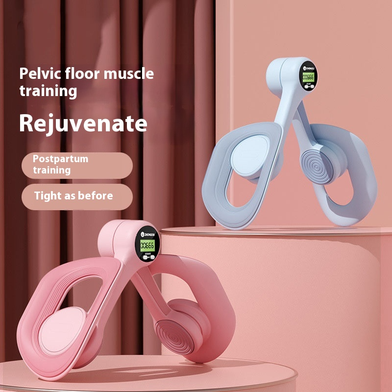 Blue pelvic floor muscle trainer with digital controller and curved contact pads