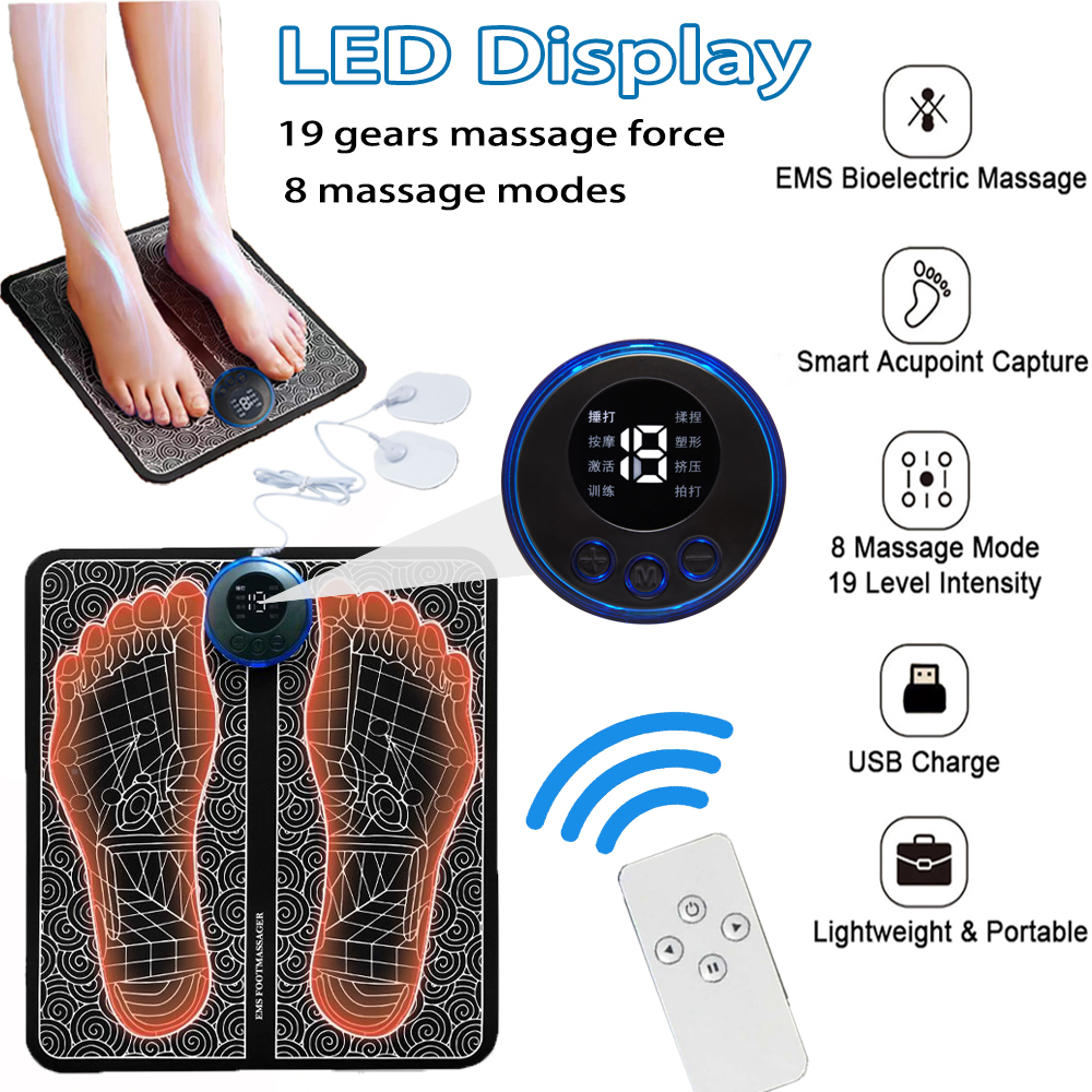 Foot massage pad with LED controller, remote control, and USB charging cable