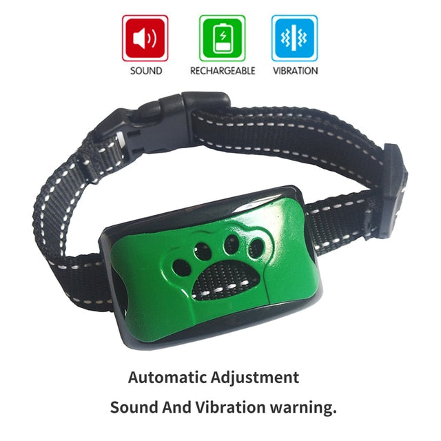 Black and green ultrasonic anti-bark dog training collar with sound and vibration control