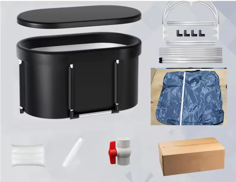 Black foldable ice bath tub with lid and included cover, hoses, and drain parts