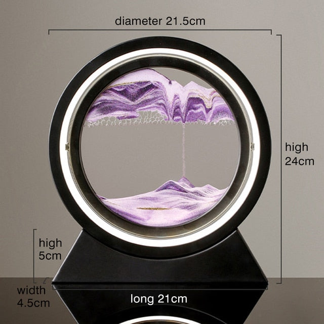 Quicksand table lamp with purple sand in a circular lit ring and black base