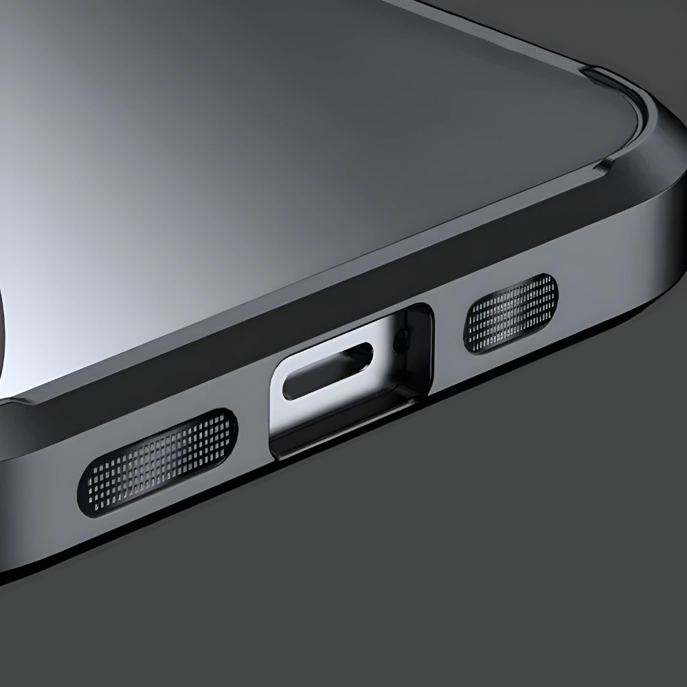 Gray iPhone case with speaker and charging port cutouts