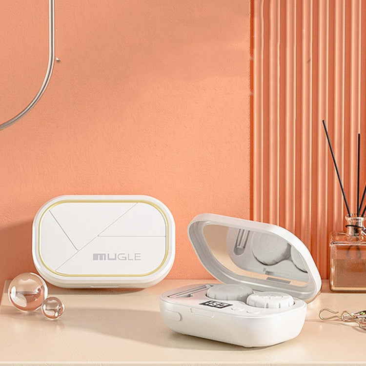 USB rechargeable ultrasonic contact lens cleaner on table with lid open and circular lens holders