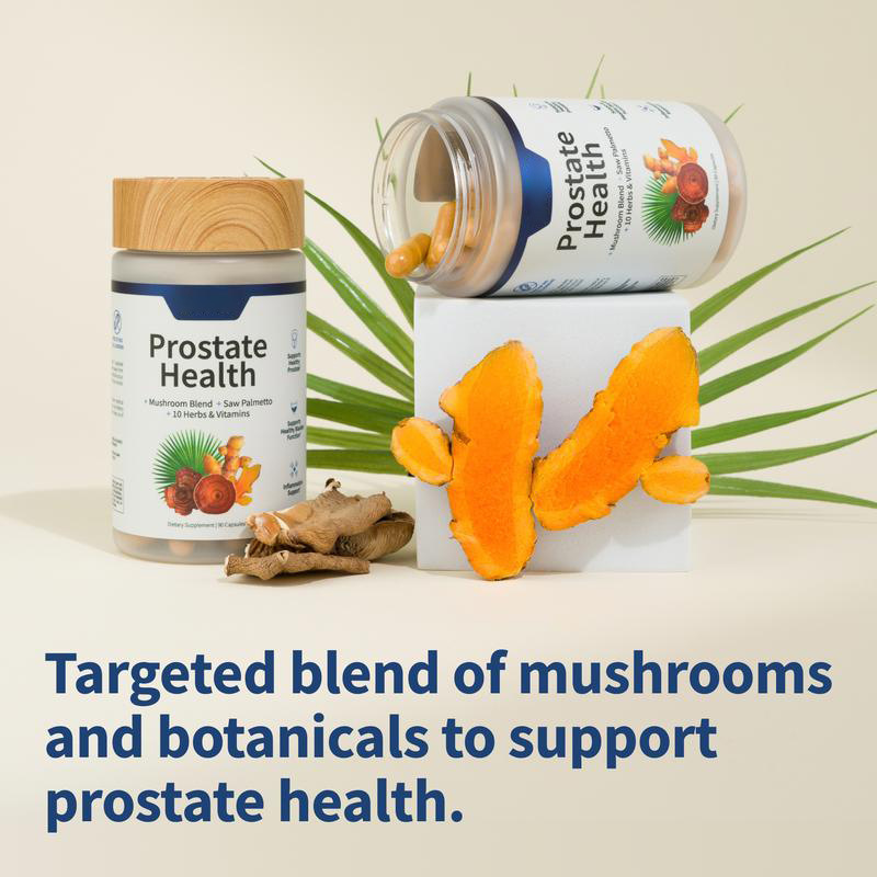 Prostate Health supplement bottle with wood cap and another bottle tipped forward