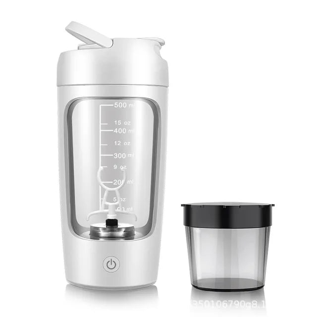 Electric shaker bottle, white translucent cup with flip lid, measurement window, and base