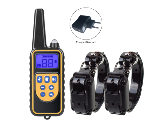 Yellow handheld anti-bark training remote with dual receiver collars and EU charger plug
