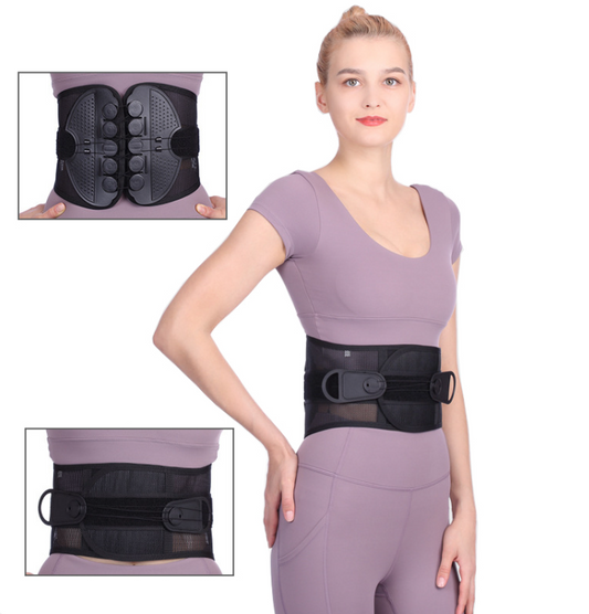 Lumbar support belt worn over workout outfit, with adjustable front closure and straps