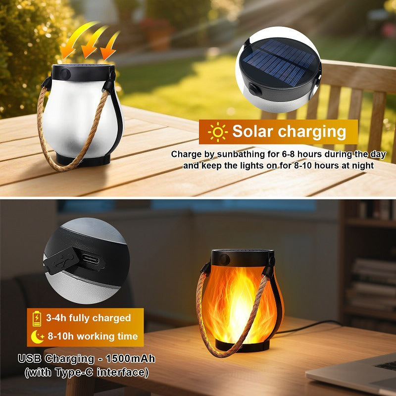 Solar rechargeable flame-effect lantern with solar panel and USB Type-C charging, hemp rope handle