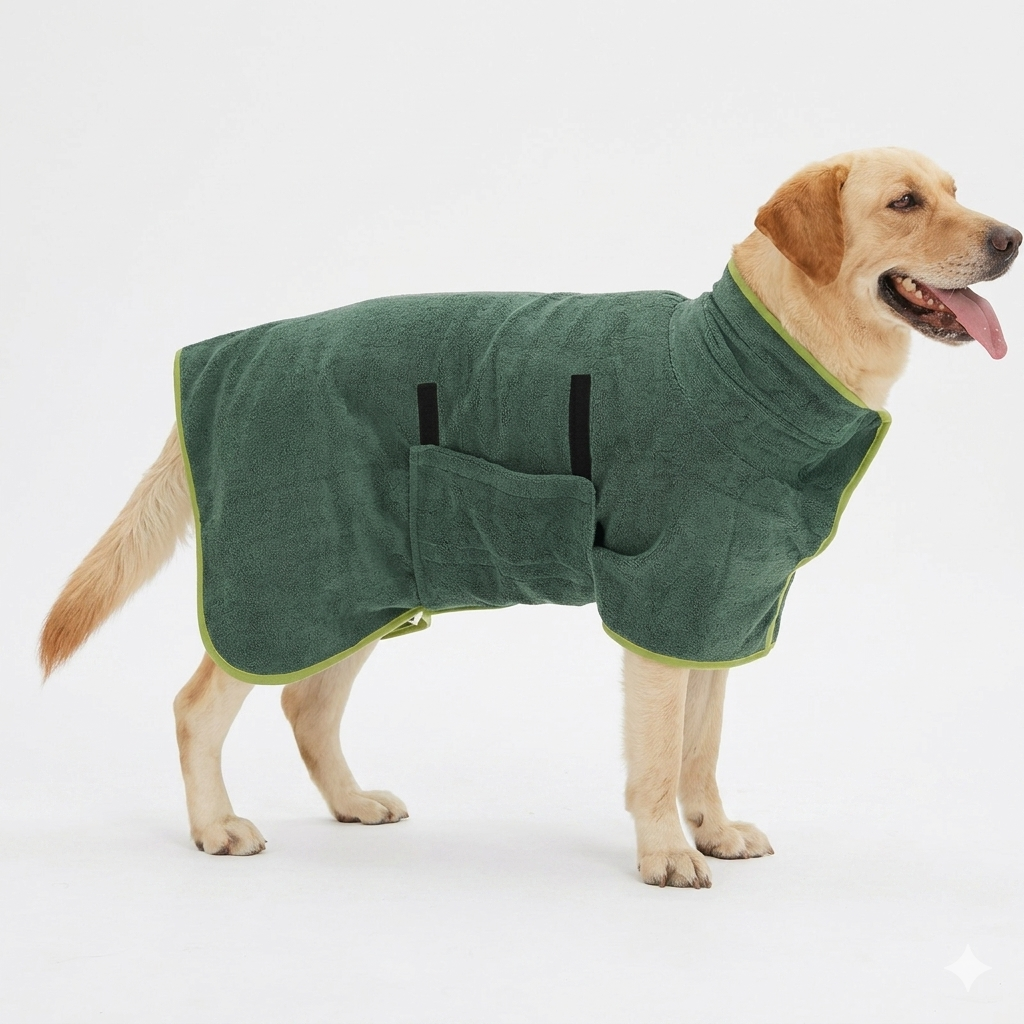 Dog wearing green pet bathrobe towel with front pocket and two black neck loops