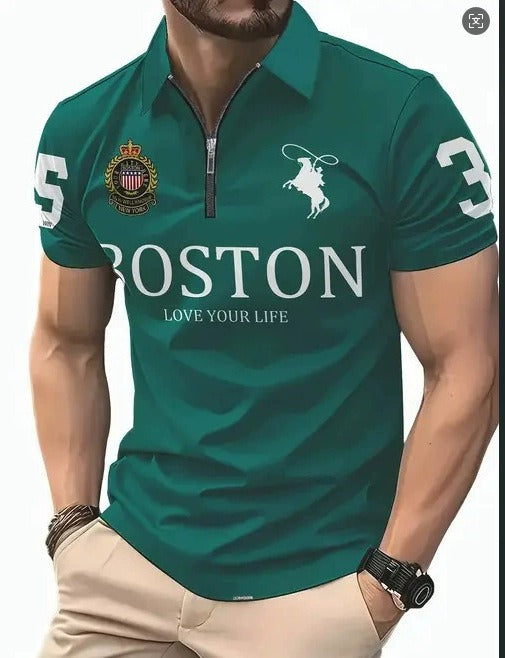 Teal green zip-up polo shirt with BOSTON text and polo player icon on front