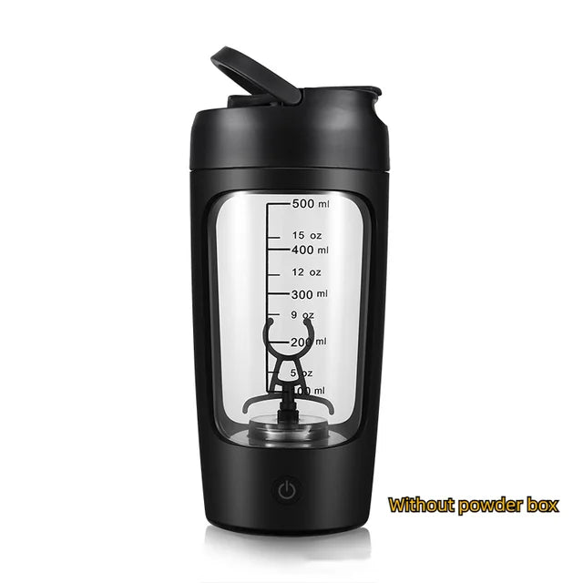 Black electric portable protein shaker bottle with clear measurement window and lid