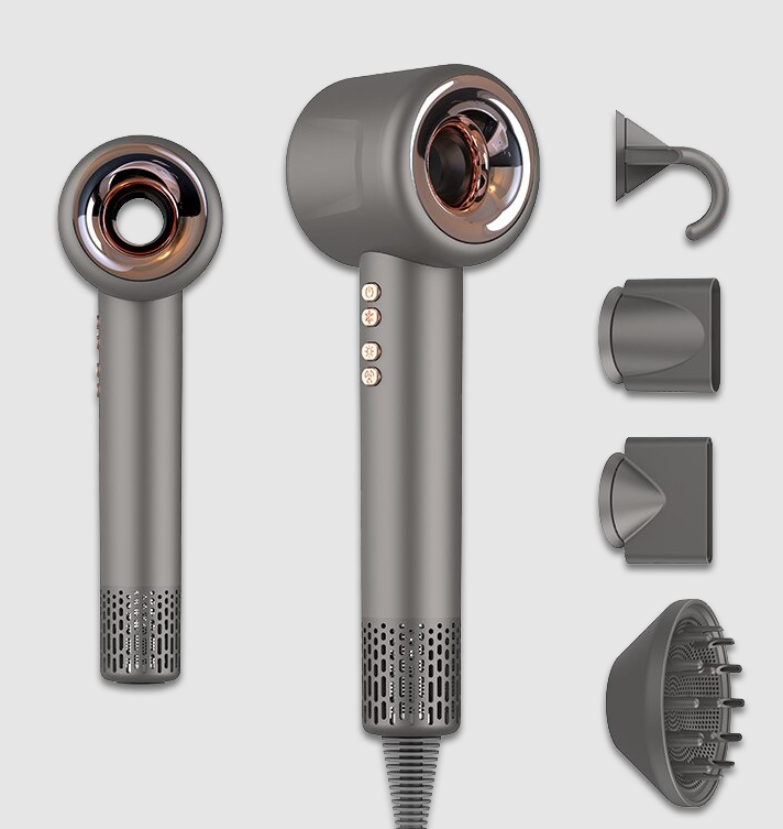 Grey hair dryer with rose-gold nozzle; concentrator, styling, and diffuser attachments