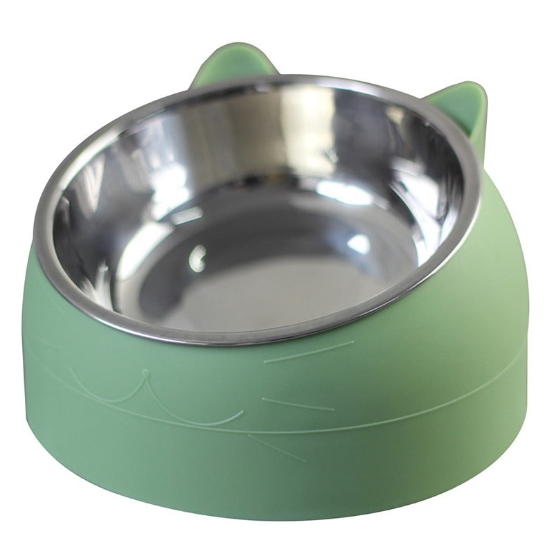 Green cat-ear elevated food bowl with stainless steel insert and grippy base