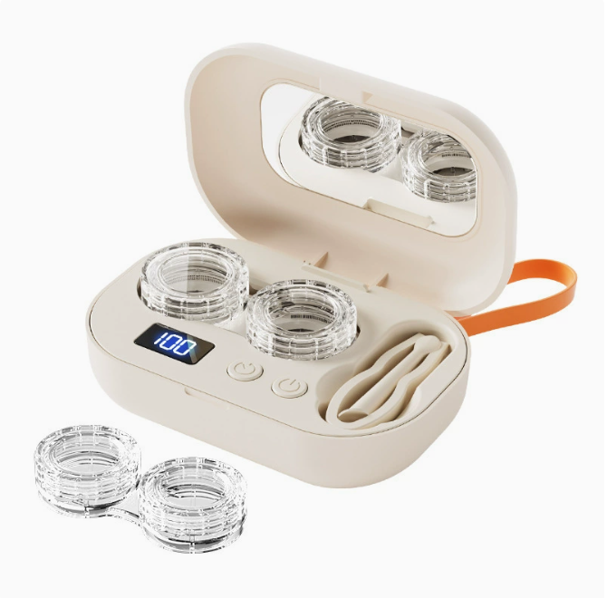 Ultrasonic contact lens cleaner with open lid, four round cleaning cup wells, and display