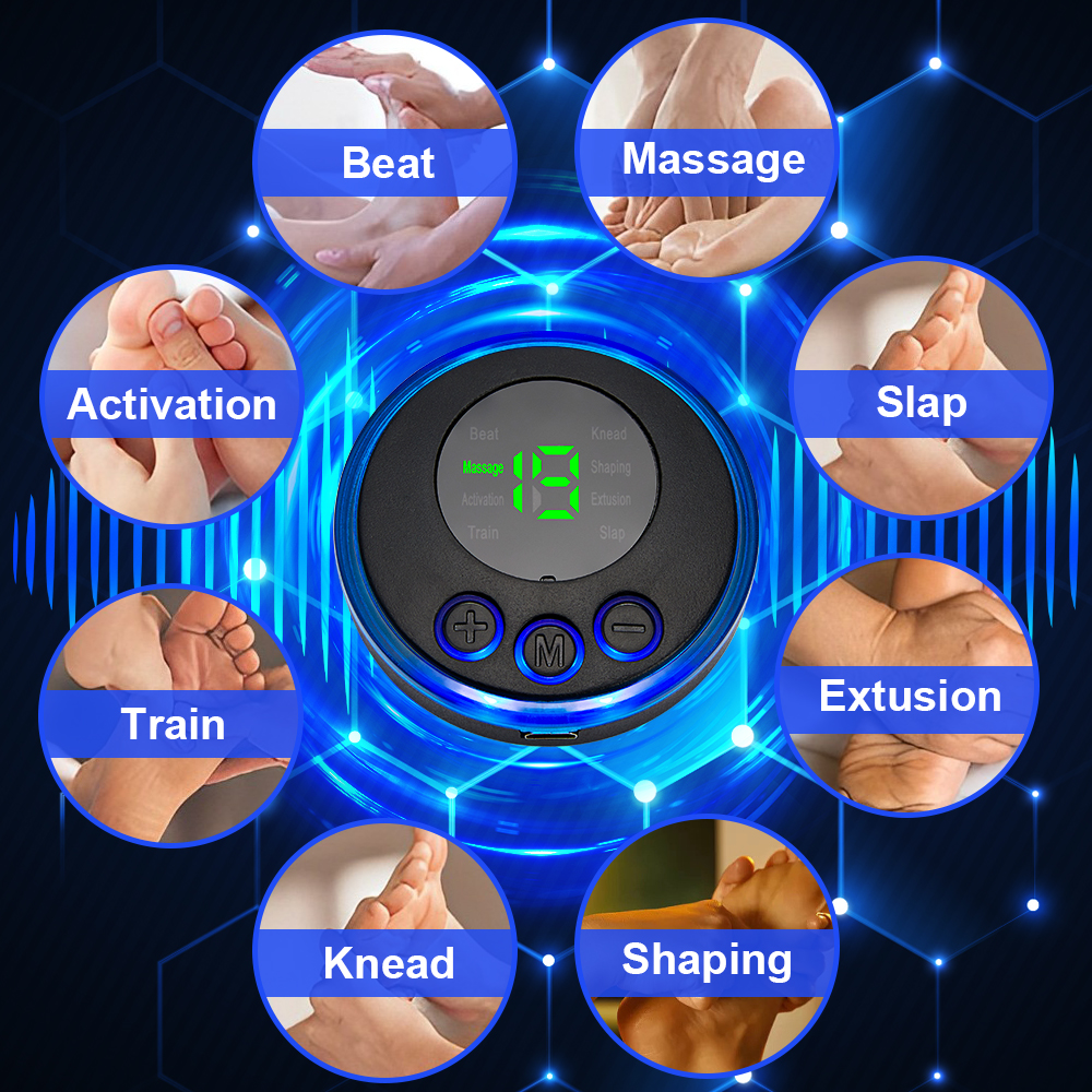 Foot massage pad controller surrounded by circular massage mode icons