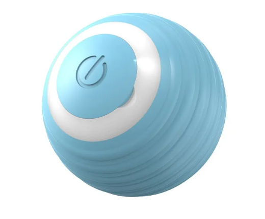 Light blue smart pet toy ball with glowing power LED icon