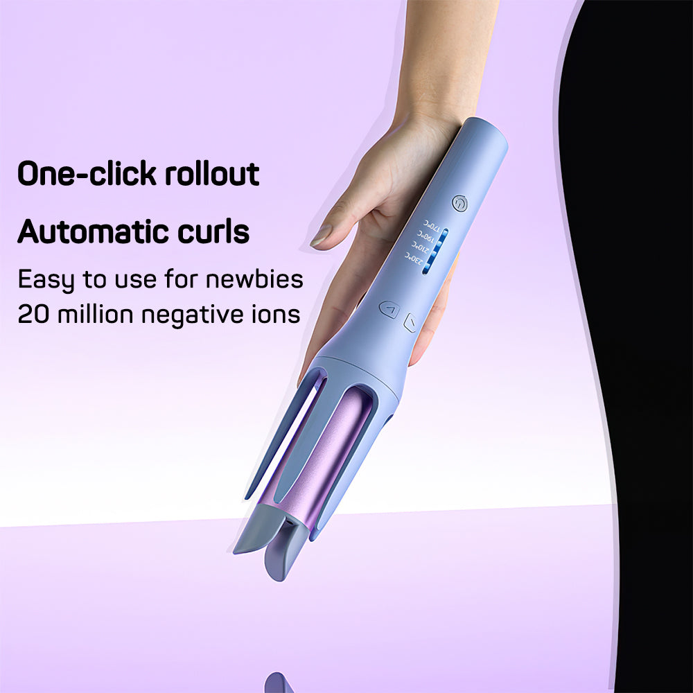 Light blue automatic electric hair curler with one-click rollout design
