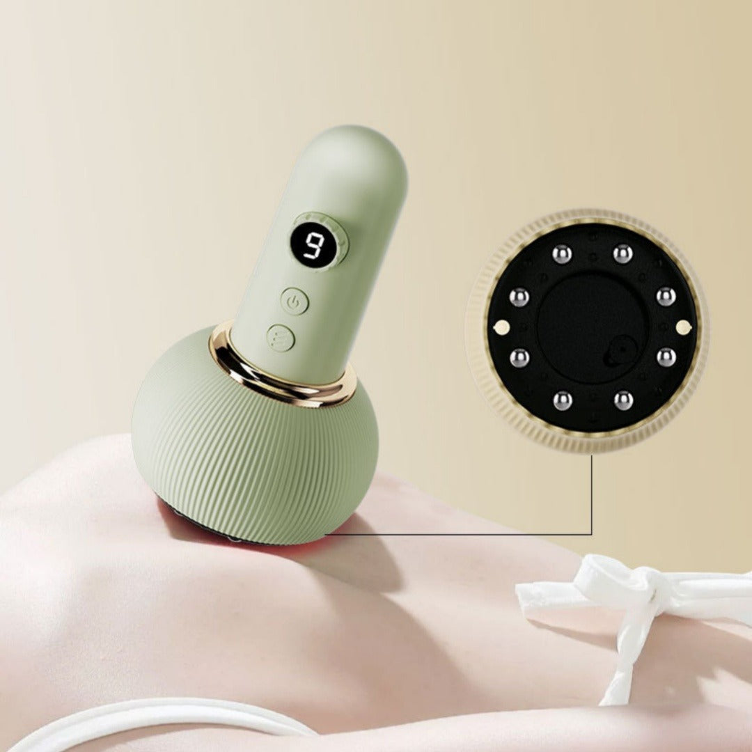 Electric body massage brush with pale green handle and massage head opening with metal pins