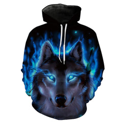 Hoodie with a wolf design featuring blue and green flames on a white background