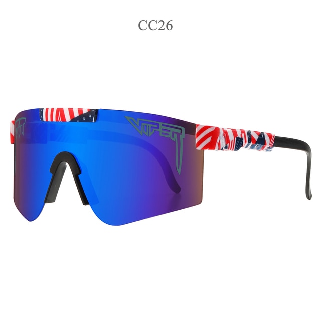 Women's sport sunglasses with blue mirrored lenses and red-white striped arms