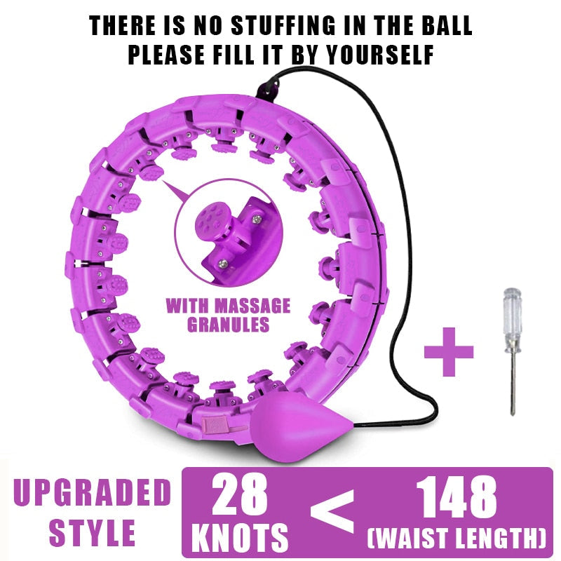 Purple weighted hula hoop with massage nodes, adjustable fit, and fillable ball pouch
