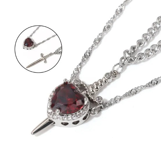 Couple heart and dagger pendant necklace set, silver-tone with red heart crystal