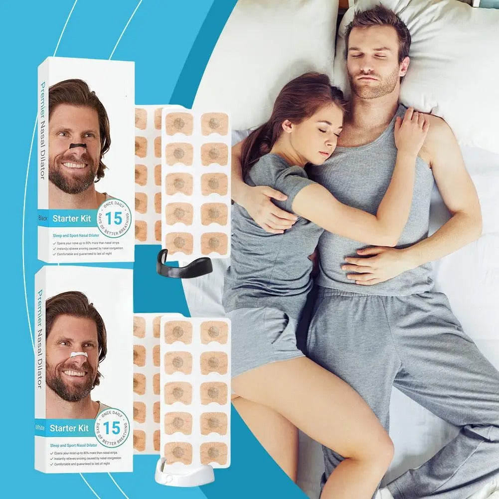Couple sleeping with black nasal dilator strip on one man’s nose