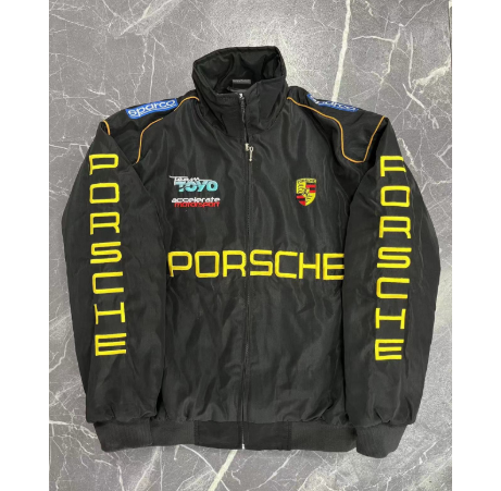 Men's black bomber jacket with Porsche print, TOYO accelerate badge, and yellow collar trim