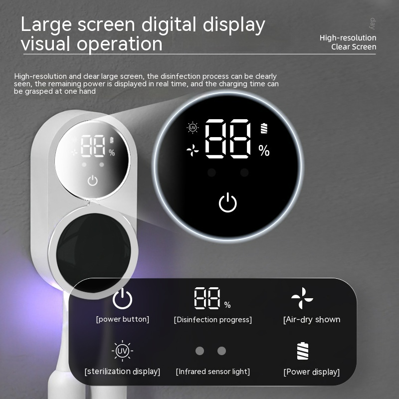 White UV toothbrush sanitizer holder with round digital screen and mirrored front bay
