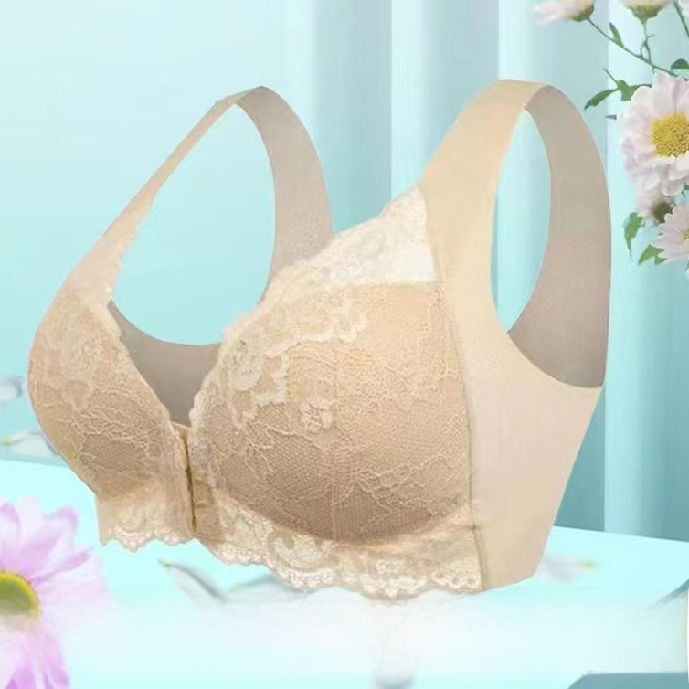 Wireless lace bra in beige, lace cups and wide band, wire-free comfort support