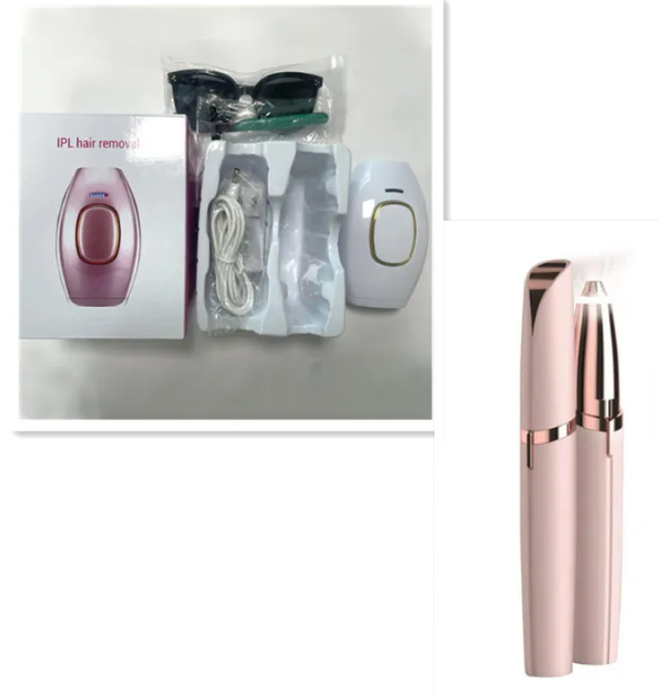 Rose gold IPL hair removal device with upright handset and included accessories.