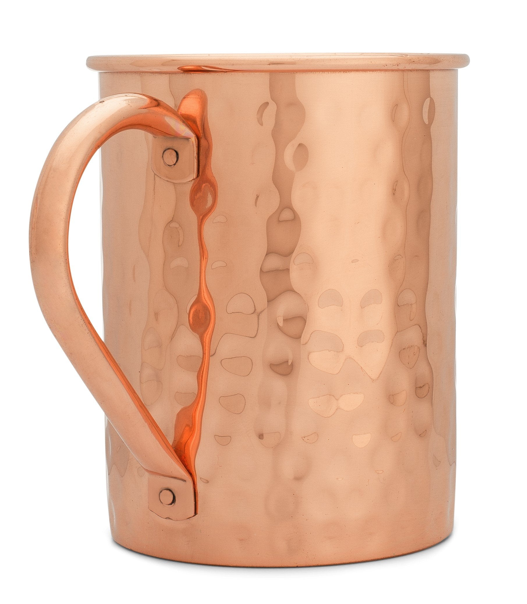 Hammered copper mug with raw interior and curved copper handle, 16oz capacity