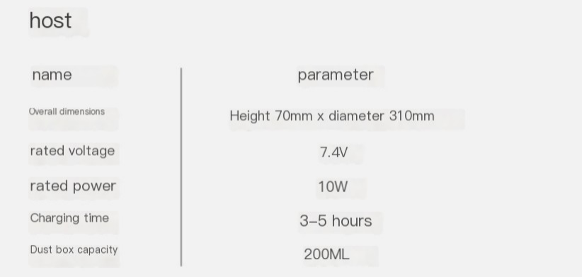 Robot specifications chart: 70mm height, 7.4V, 10W, 3–5h, 200mL