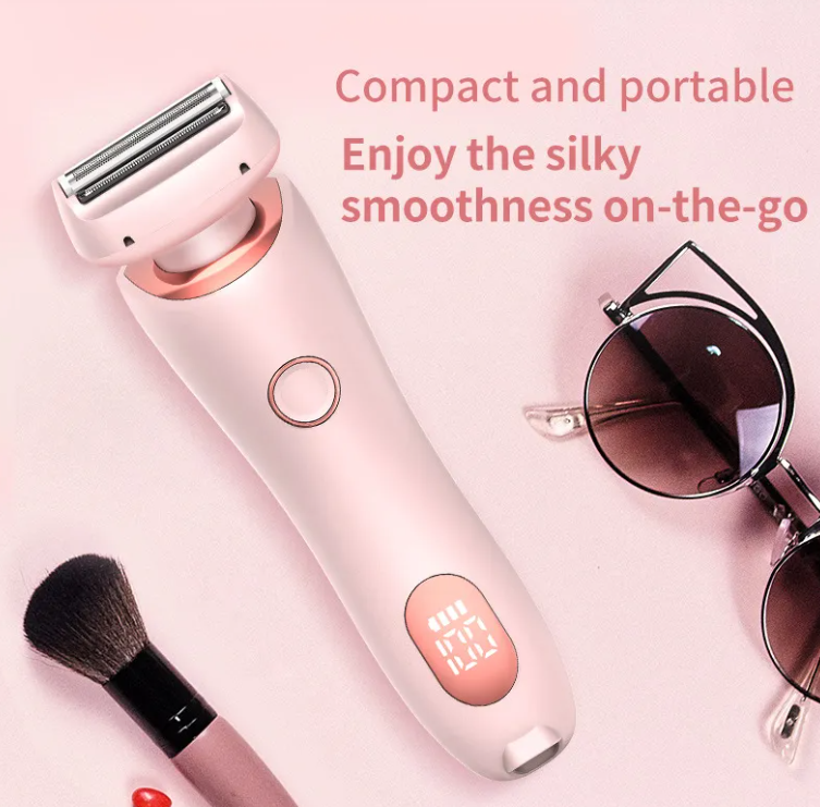 Pink electric body shaver with rounded head, circular power button, and LED display