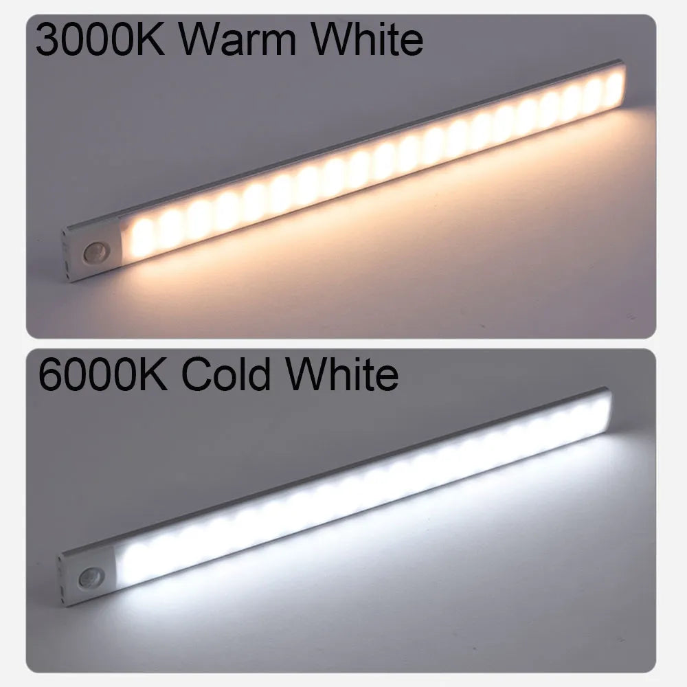 Motion sensor LED light bar showing warm and cool white illumination