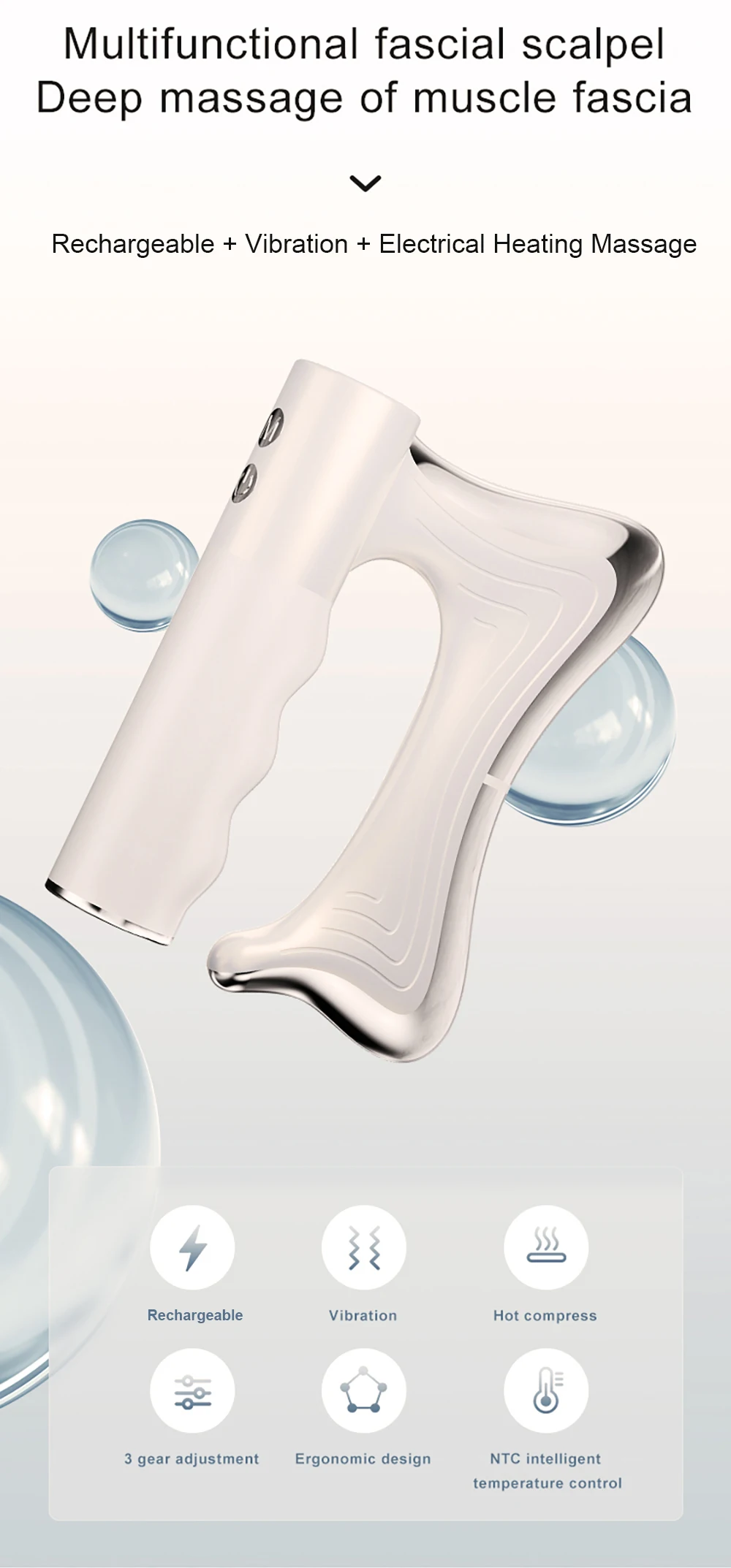 White heated fascia massage tool with curved head and ergonomic handle