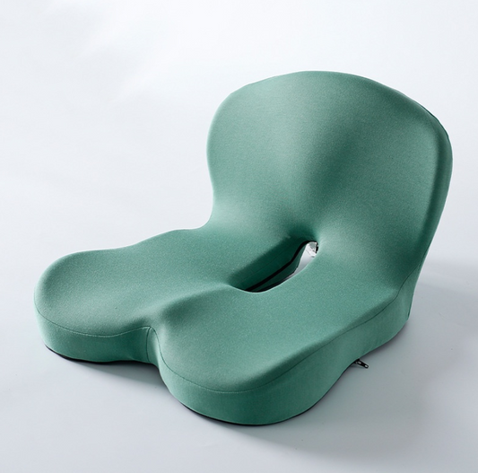 Memory foam ergonomic seat cushion with U-shaped cutout, matcha green fabric.