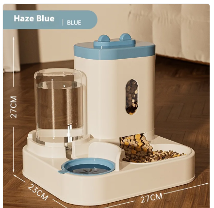 Automatic 2-in-1 pet feeder in blue and white with clear water tank and food bowl
