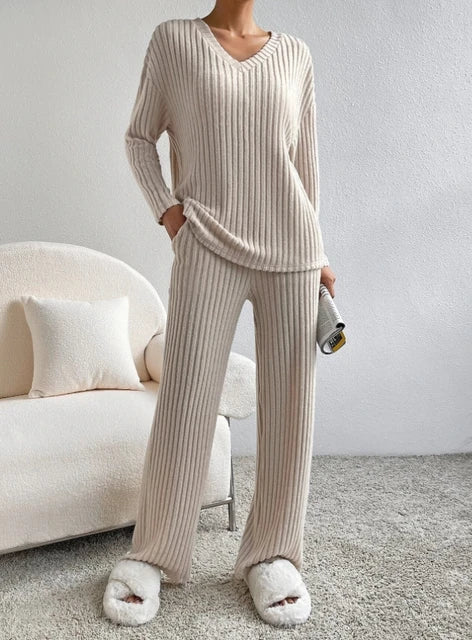 Women’s 2-piece loungewear set in taupe ribbed knit, long sleeve top with wide-leg pants