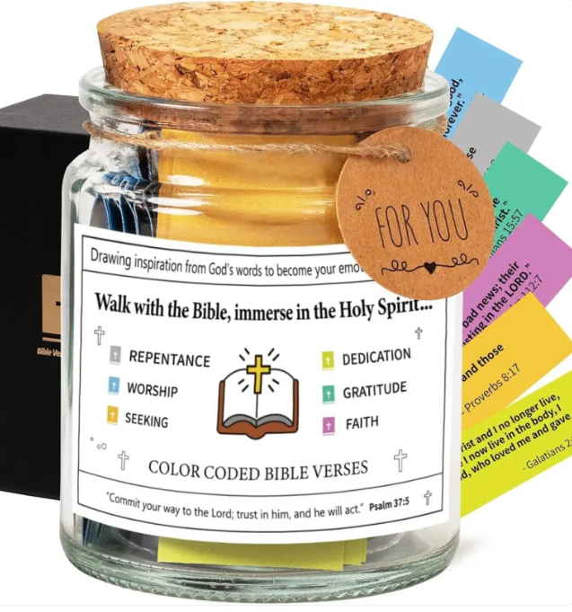 Glass scripture card jar with cork lid and “FOR YOU” tag; “Walk with the Bible...” label.