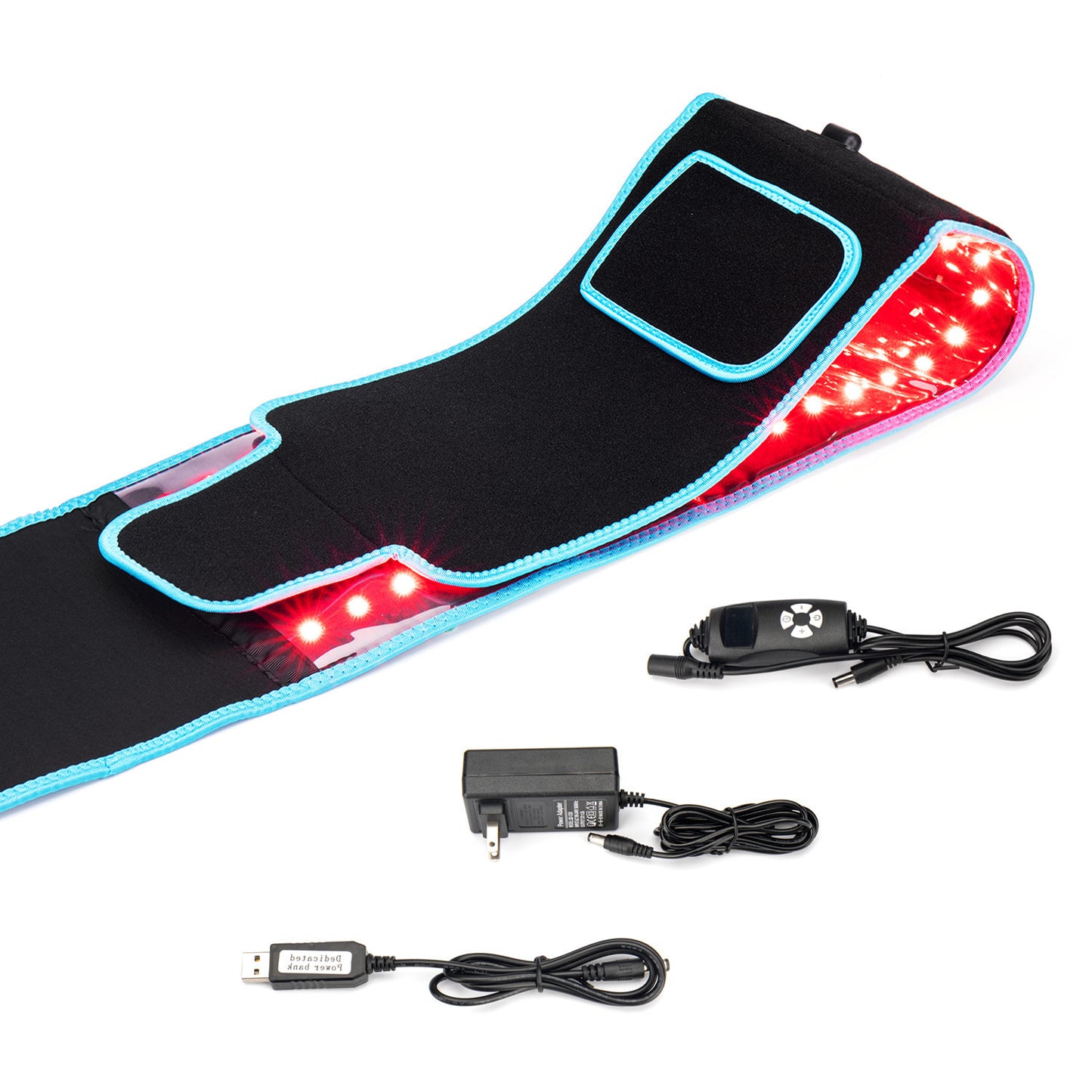 Infrared therapy waist belt with black fabric, blue trim, LED panel, remote control and cables