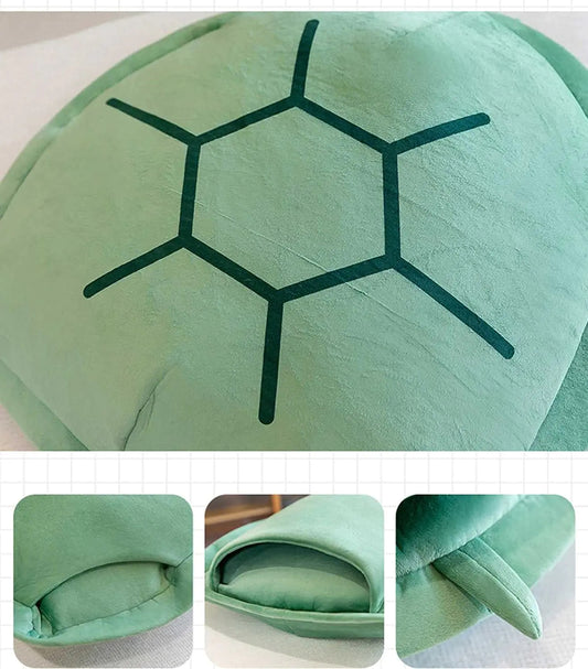 Green turtle shell wearable pillow with black hexagon line pattern, soft plush cover